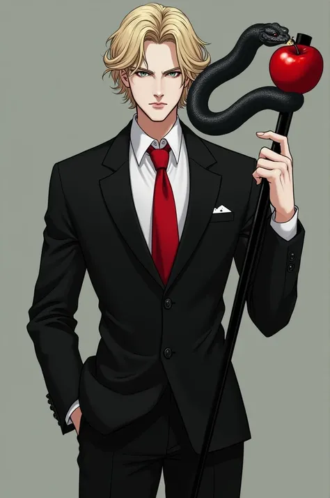 Young man, height of 1.90; elegant clothes, black jacket, white shirt and red tie; White skin, blond hair, wavy and with a current cut, long and square watermelon; black eyes; black stick, it is a snake with an apple in its mouth.