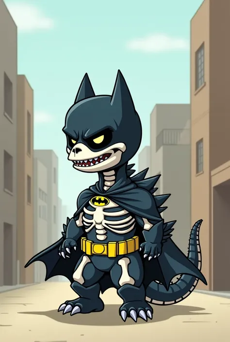 Godzilla as a skeleton dressed as Batman in chibi style