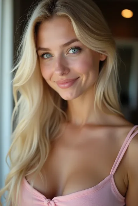 Young blonde woman without clothes, big ass, pink pussy, long blonde hair to the middle of the back, light blue eyes, beautiful smile