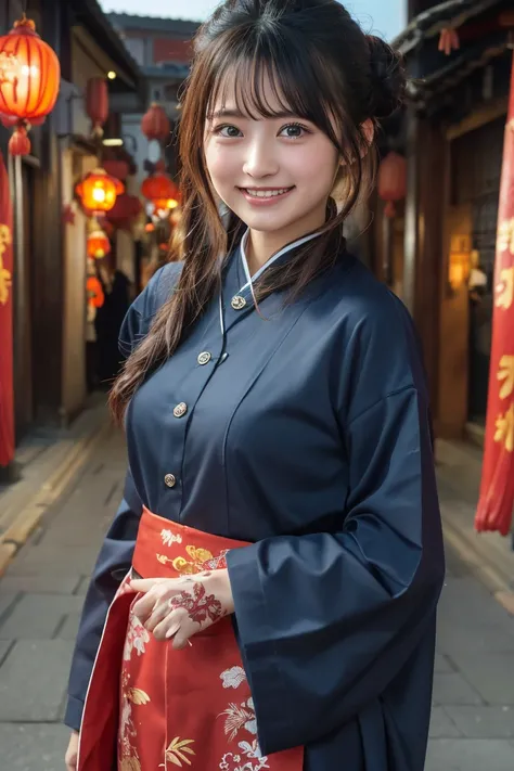 (8k, RAW Photos,Highest quality, High resolution:1.1), (Ultra-realistic:1.4),(Realistic, Realistic:1.3),The Beauty of Japan、((smile:1.3))、Yokohama(Chinatown:1.4)、China dress、Bun twin tail、Portrait