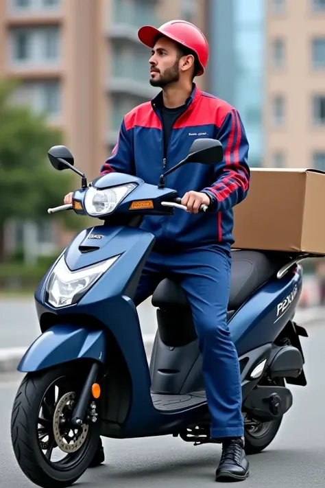 Young man in a blue and red uniform, ready for work, riding a motorcycle with a delivery box behind him.
