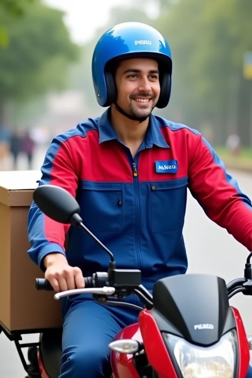 Young man in a blue and red uniform, ready for work, riding a motorcycle with a delivery box behind him.
