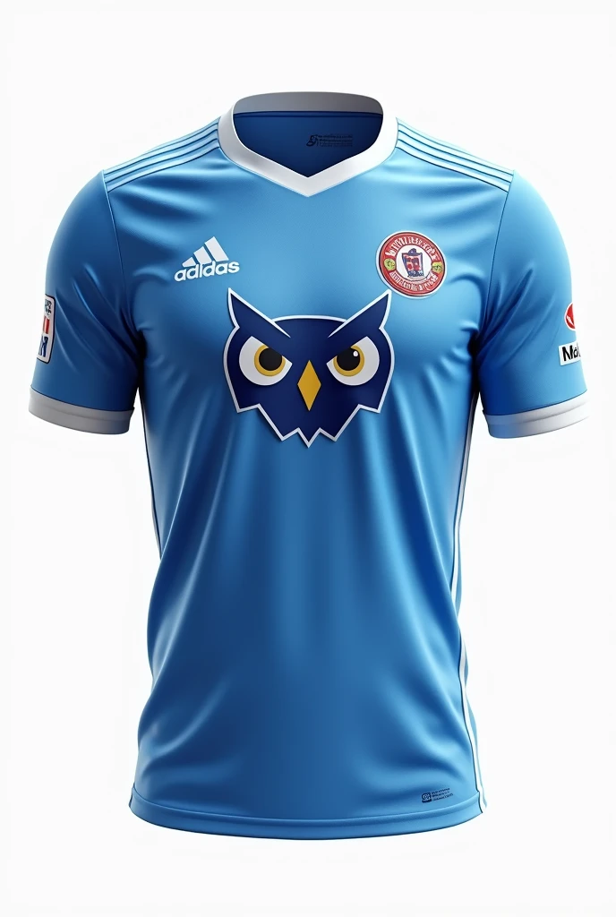 a football team shirt, white background, blue and white color, printing an intimidating owl, small, with sponsors in front 

