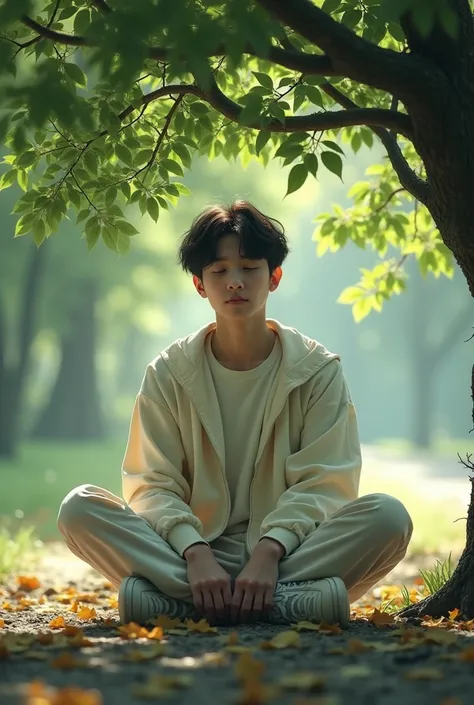 BTSs Yoongi under a tree 
