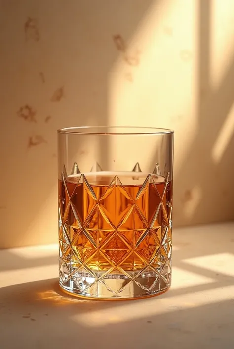 Shows a short glass of whiskey with crystal details, against a beige background with many details and a shadow.
