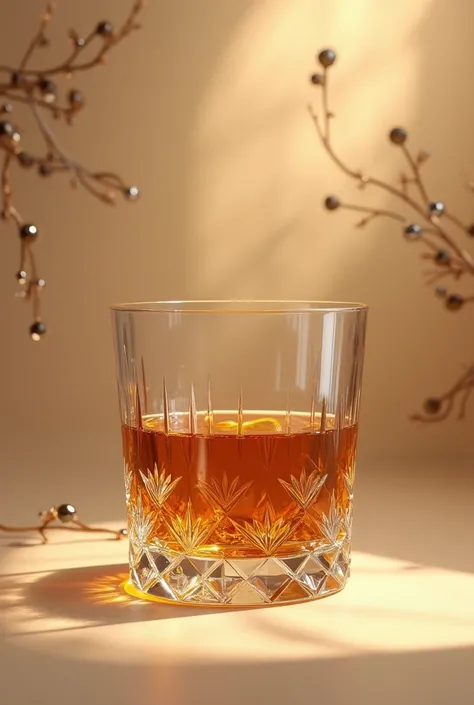 Shows a short glass of whiskey with crystal details, against a beige background with many details and a shadow.
