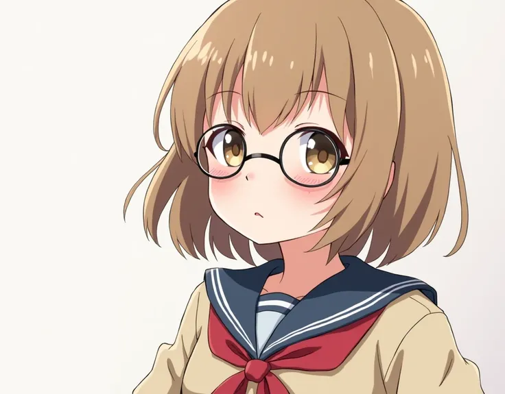 Japanese chiby anime, teenage girl in Japanese school uniform, short shoulder length light brown hair, wearing round glasses,hd