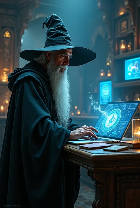 A wizard in front of a laptop 