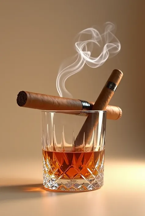 Shows a short glass of whiskey with crystal details, against a beige background and a cigar on top with smoke