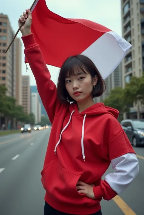 very high quality photo, independence scene, a woman wearing a hijab from Indonesia, short hair combed neatly, wearing a red and white hoodie carrying a flag posing on the side of a city road, full body, realistic and cool visual effects, looks real and pe...