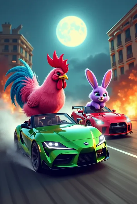 A pink rooster with blue legs and a golden beak riding a green convertible Supra MK4 in a race against a purple rabbit riding a red convertible Dodge Challenger. In the background, there are three destroyed buildings on fire, all set against a night sky wi...