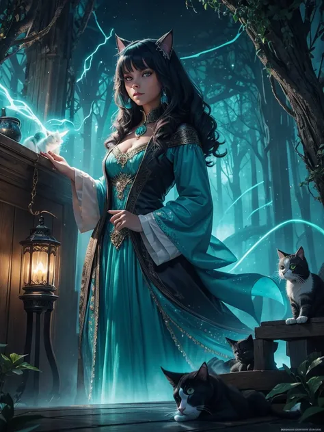 A Magical Woman, in a magical setting with a cat with turquoise glowing eyes 