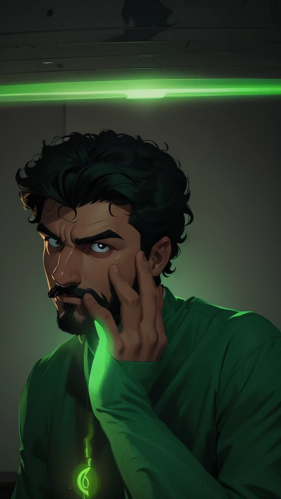 "A 19 year old young man, with curly hair, wears a green shirt that contrasts with his intense and enigmatic gaze. He sports a thin mustache and a small beard on his chin., that add an air of mystery to your look. Ao fundo, a neon green light emanates a da...