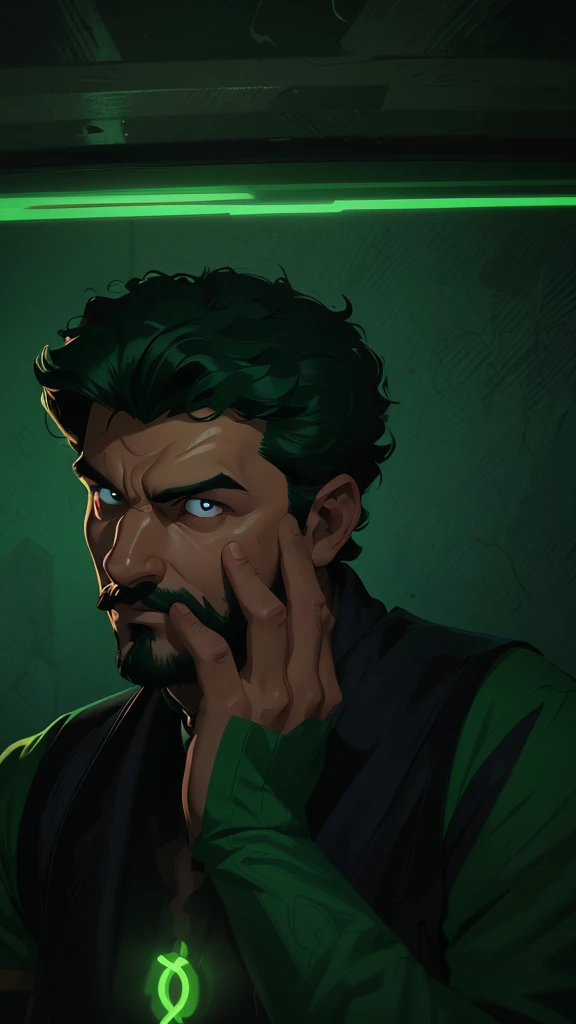 "A 19 year old young man, with curly hair, wears a green shirt that contrasts with his intense and enigmatic gaze. He sports a thin mustache and a small beard on his chin., that add an air of mystery to your look. Ao fundo, a neon green light emanates a da...