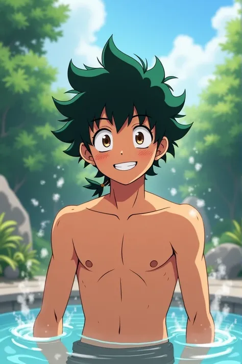 BNHA, My Hero Academia, anime, tanned skin boy, Brown eyes, black hair, Curly and wild hairstyle with a ponytail, in the hot springs, smiling, blushing, anime style image.