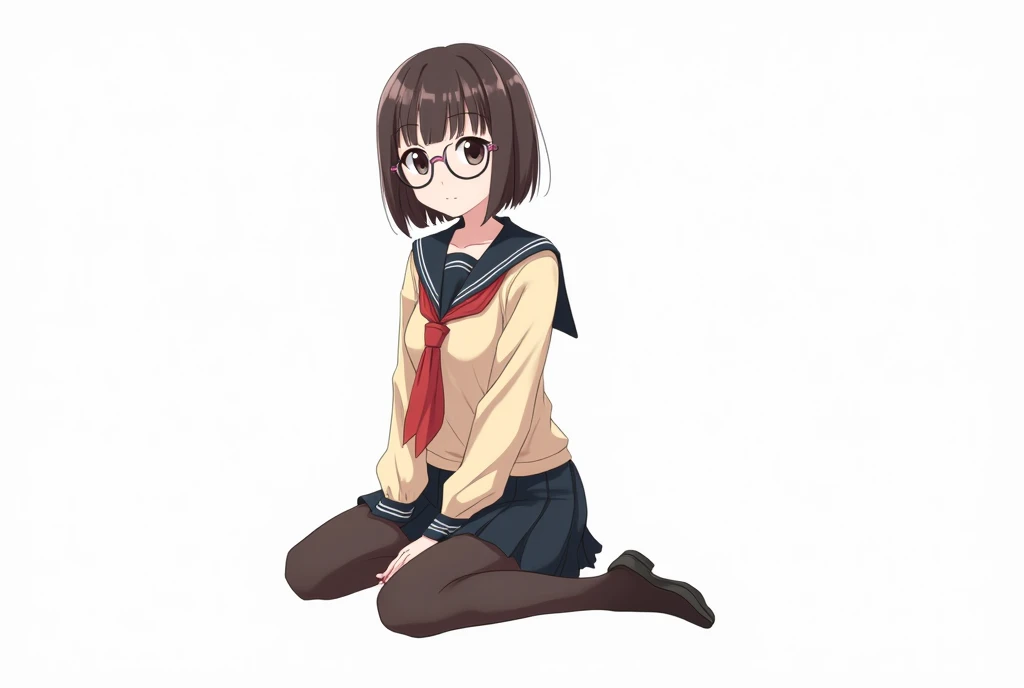 Japanese chiby anime, teenage girl in Japanese school uniform, long sleeves, short dark brown shoulder length hair and thin bangs, beautiful black eyes, wearing round glasses sitting on the floor, white background, full body, cute,