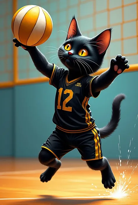 A black cat playing volleyball wearing a black and gold team jersey 