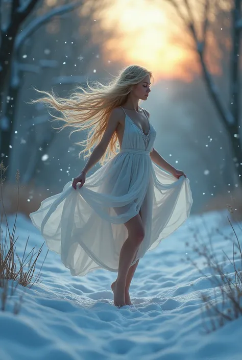 a blonde nymph with long hair, blue eyes dancing in the snow at dusk