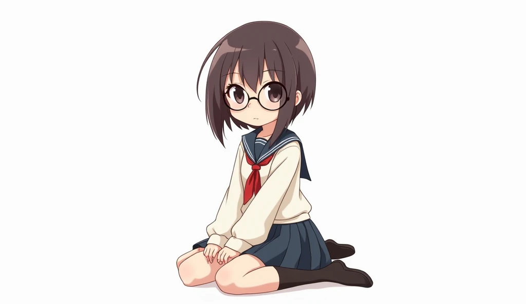 Japanese chiby anime, teenage girl in Japanese school uniform, long sleeves, short dark brown shoulder length hair and thin bangs, beautiful black eyes, wearing round glasses sitting on the floor, white background, full body, cute,