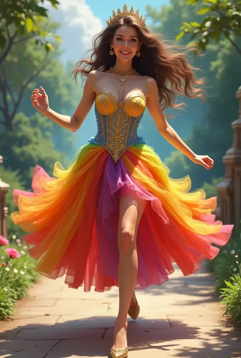 Beautiful girl with wavy long hair, long Asia royal dress is painted rainbow colors, short hight, big smile, big boob, long running through on walkways to me, background is realistic 