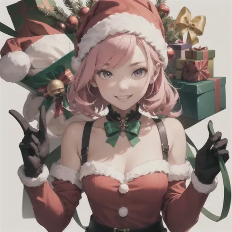 masterpiece,1 Girl, Serena,pink_hair, Gloves, Black_Gloves, fur_prune, have, Santa Claus_Costumes, Christmas, Open_Mouth, Smile, bell, Solitary, Red_Headdress,  White_background, pink_Eye, Santa Claus_have, 