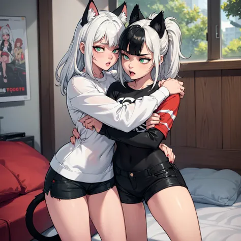 A sexy white girl, with white hair and red eyes, wearing a black and white striped shirt with shorts and tights, the clothes are very tight on her body, your bulky body, she with cat ears and tail,
She is hugging a girl, white with green eyes and black hai...