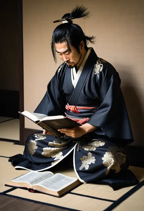 A crouching samurai reading the bible 