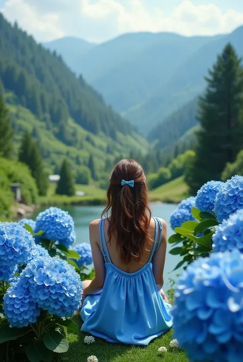 Stunning landscape with blue hydrangeas, photo in 8k, in action, cinematic.an inspirational photo to post on Instagram for motivation, a woman sitting in nature enjoying the scenery, wearing blue clothes 