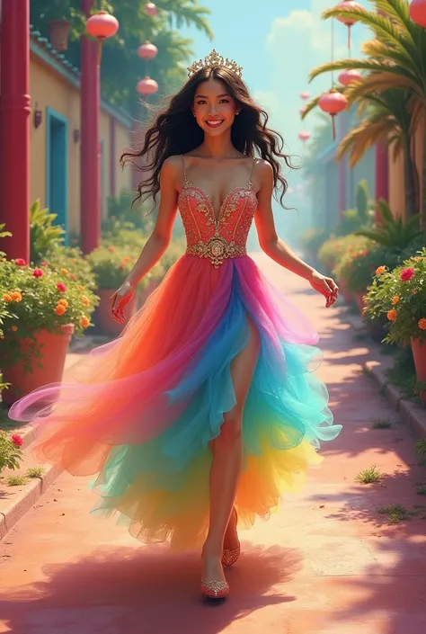 Beautiful girl with wavy long hair, long Asia royal dress is painted rainbow colors, short hight, big smile, big boob, long running through on walkways to me, background is realistic colourfully 