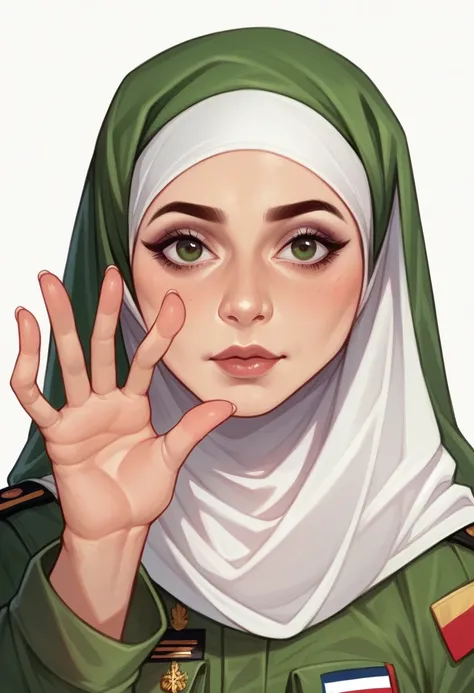 8k realistic images, beautiful woman in white hijab wearing a red beret,- and wearing the Indonesian Army uniform in camouflage green,- right hand is saluting the flag.
white background