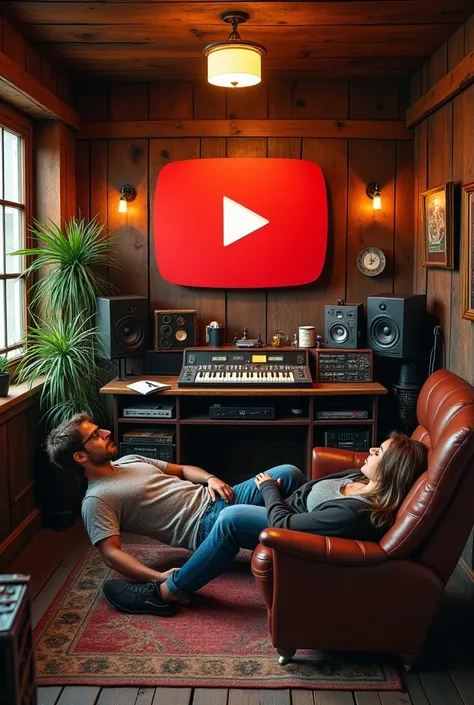 rustic recording studio with youtube logo on the wall, lying image 