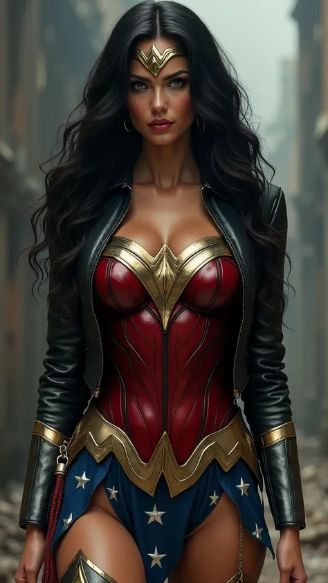 A beautiful woman Adriana Lima under the mantle of the Amazonian warrior Wonder Woman, long black hair, red corset, black leather jacket and black leather pants, red knee-high boots, Wonder Woman diadema on her forehead. 