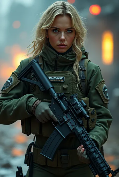 In this captivating image, the central female character (Scarlett Johansson) exudes Confident Call of Duty operator, wearing full delta force tactical gear, Armed with an AR-15, Combat pose, (Battle scene background), mid body portrait, sensual, beautiful,...