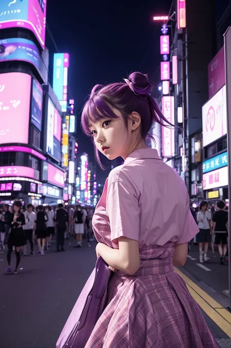 Music cover for TOKYO by sakura rina, She is in the foreground with space buns in pink and purple tones, looking in awe at the city of Tokyo, which is illuminated by pink and purple lights, and the song title on a billboard