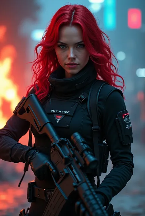 In this captivating image, the central female character (Scarlett Johansson, beautiful face), red straight short hair, exudes Confident Call of Duty operator, wearing full delta force black tactical gear, Armed with an AR-15, Combat pose, (Battle scene bac...