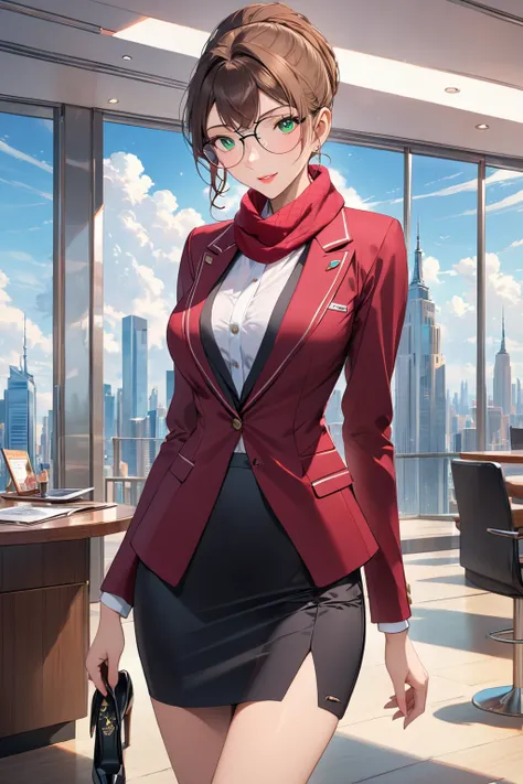 (Extremely detailed, best quality, high resolution, solo，masterpiece:1.6), A beautiful stewardess standing side by side,Anya Ivanova, Tall and thin, Long brown hair, wearing glasses ，Warmth and confidence, Provocative Red Velvet, Matching blazer, Short pen...