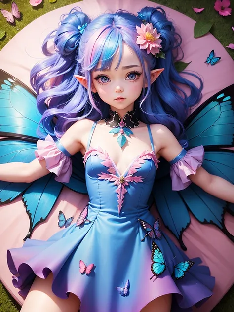 cute little Fairy, blue butterfly, Rainbow hair, pink eyes,  dress pointy ears dress made of petals leaves leaning forward