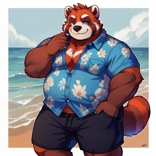 red chao
panda rojo, gordinflón, corpulent, thick legs and arms, blue eyes. on the beach. smiles as he walks on the sand.. open ...