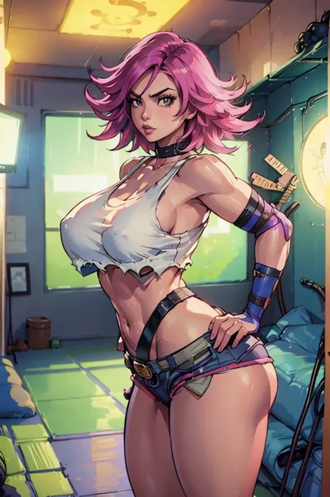 Poison, 26 year old woman, 59" tall, 115 pounds, short pink hair, fit body, sports bra with short cropped jacket, spandex shorts big breasts, wide curvy hips, big ass, solo, realistic, masterpiece, detailed facial features, photorealistic, cinematic lighti...