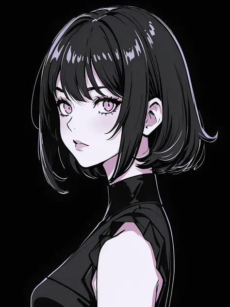 (best quality, sketch:1.2),realistic,illustrator,anime,1 girl, detailed lips, black dress,custom, (background dark monochrome),n...