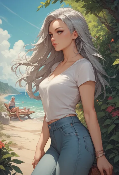 silver long hair girl, casual outfit