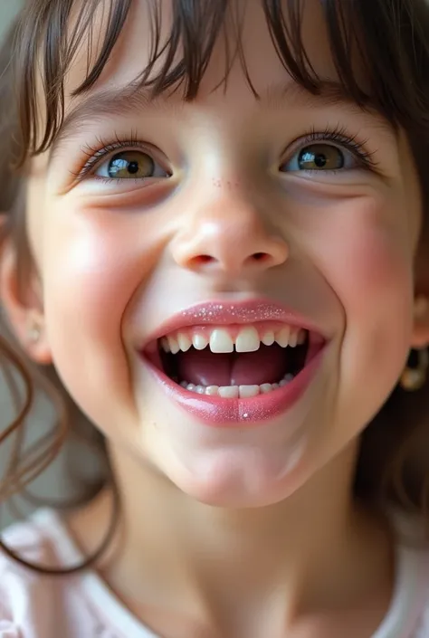 Extreme closeup of a female older child’s mouth, wearing light pink glitter lipstick, eyes barely open, ((mouth very wide open and smiling)), photorealistic, extreme skin detail, 8k, wallpaper