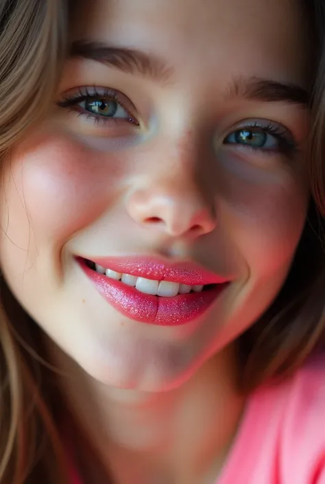 Extreme closeup of a female younger teen’s mouth, wearing light pink glitter lipstick, eyes barely open, ((mouth very wide open and smiling)), photorealistic, extreme skin detail, 8k, wallpaper