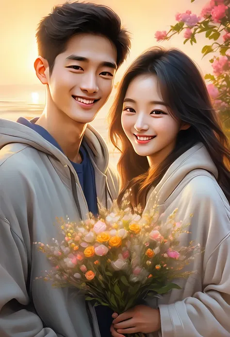 omantic korean couple, boy with bouquet of flowers hidden behind his back, girl with smile, looking at his face, soft focus background, twilight light casting a warm glow on their ecstatic faces, delicate smiles as they look into each others eyes, delicate...