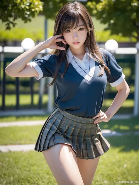 masterpiece,Highest quality,1 girl,Cowboy Shot,Front view,Young and cute Japanese,A small smile,Daytime,((Schoolyard:1.5)),Schoolgirl uniform,Summer clothes,wear,wear a super super short blue plaid pleated micro mini skirt,No underwear,Very cute face,Gloss...