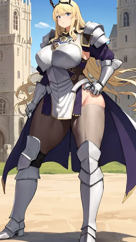 Blonde，Full-figured adult female，white armor，tights，thigh，iron boots，Medieval European castles