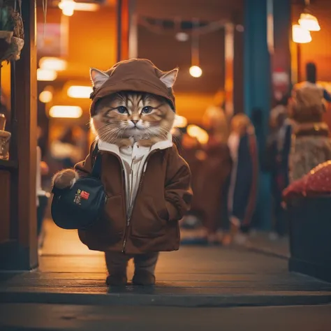 furry brown cat, Very detailed cat and fur, Wearing a dark brown hoodie, Roaming the Chinese Market, Highly detailed images, Kodak 400, Atmospheric light, 50mm lens