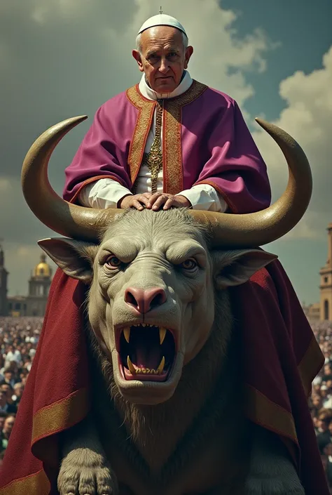 Pope Francis I dressed in purple and scarlet, sitting atop the communist beast.