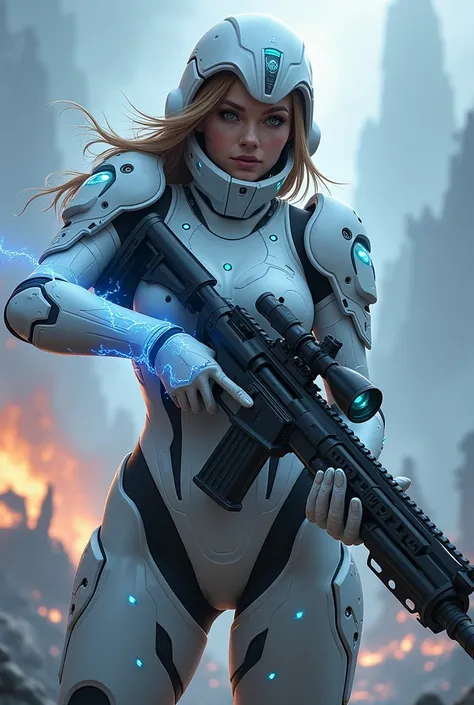 gearstorm girl (Lieutenant, Sarah Kerrigan, beautiful face), wearing a white Terran Ghost psionic energy sniper gear with neon light, with rifle (C-10 Canister Rifle) aiming at viewer with cloudy sky in background, concept art inspired by Star Craft, cgsoc...