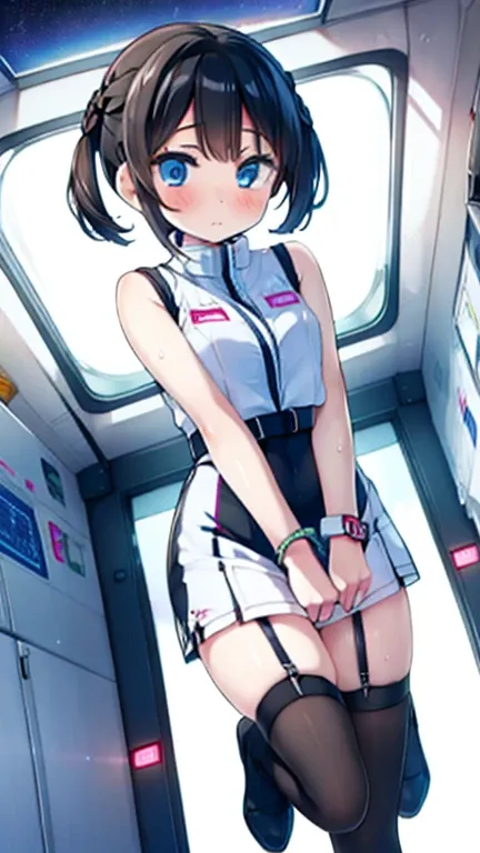 (Highest quality), (masterpiece), 1080P, High resolution, 4K, 8k, Inside the space station、Futuristic room、Thigh straps, Shooting from directly below, The woman on top of me, 白いSweat, Covered , Sweat, Woman looking down, Skirt swimsuit, Thigh-high socks, T...